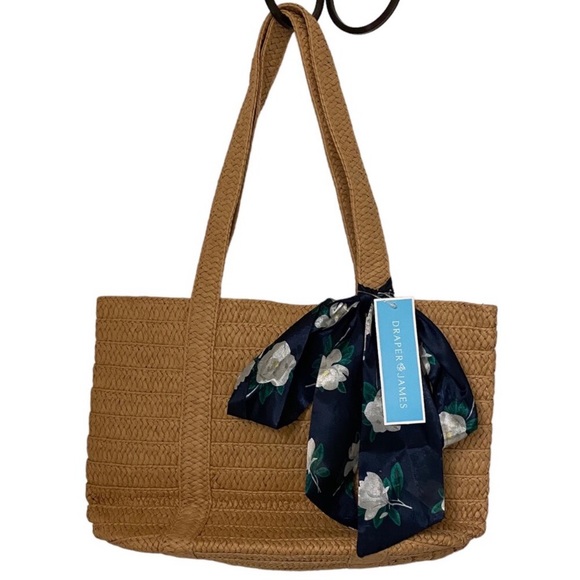 NWT Draper James Handbag Straw Beach Tote Floral Scarf Woven Double Straps - Picture 1 of 7